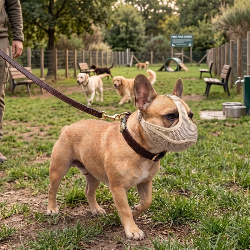 Dans parc chien bouledogue porte muselière adaptée aux chiens brachycéphale