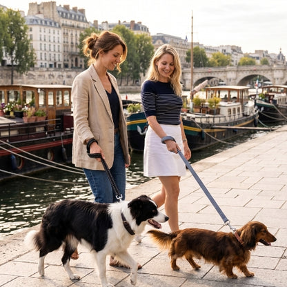 Deux chiens balade près péniche avec chien laisse pour chien refléchissante 