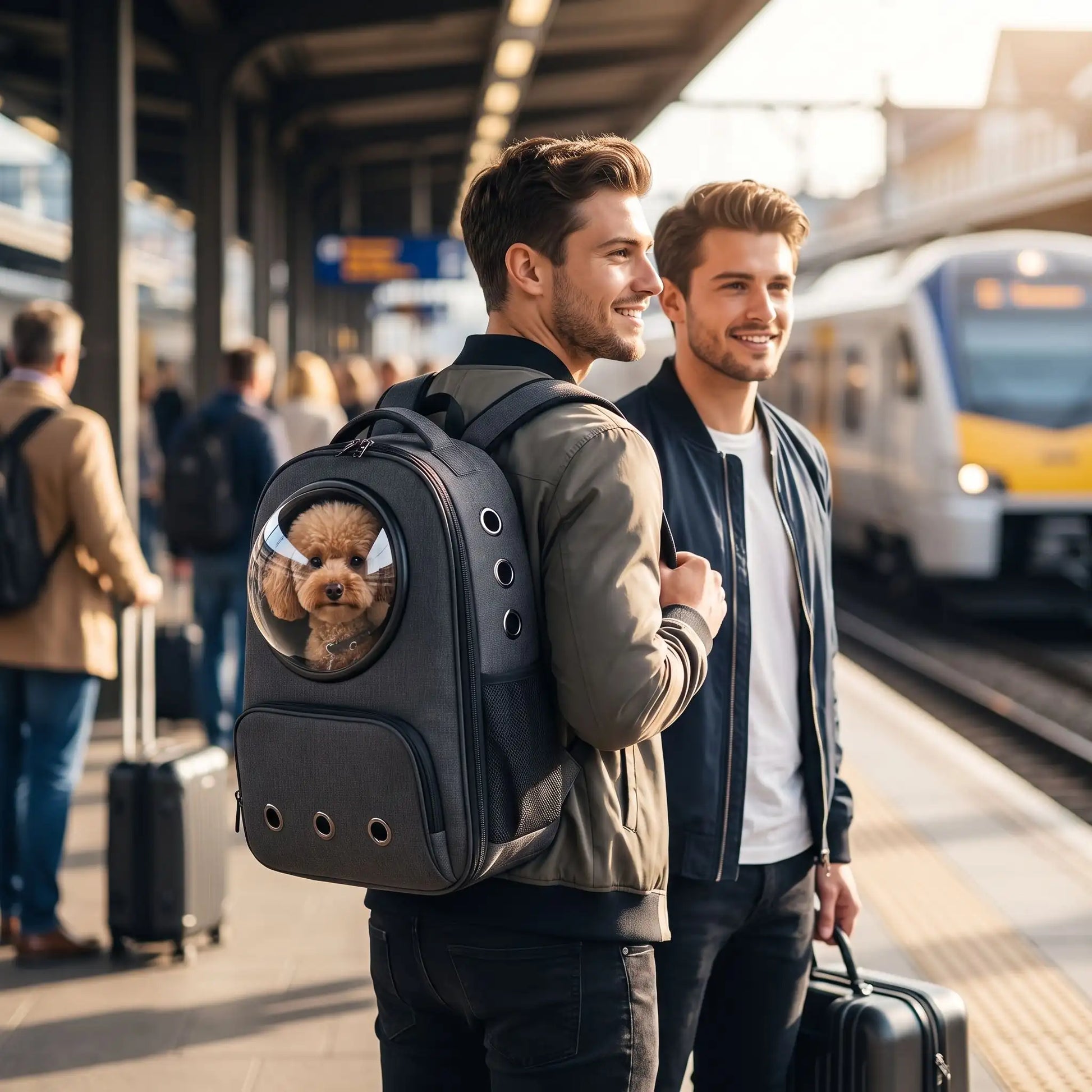 Deux homme attente le
trains sac transport chien