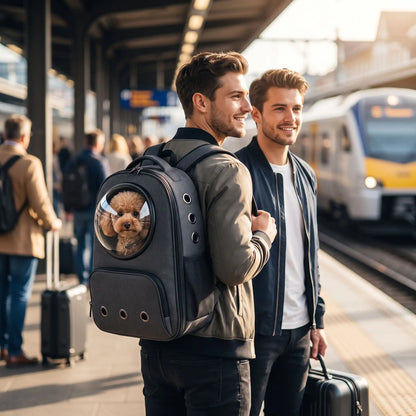 Deux homme attente le
trains sac transport chien