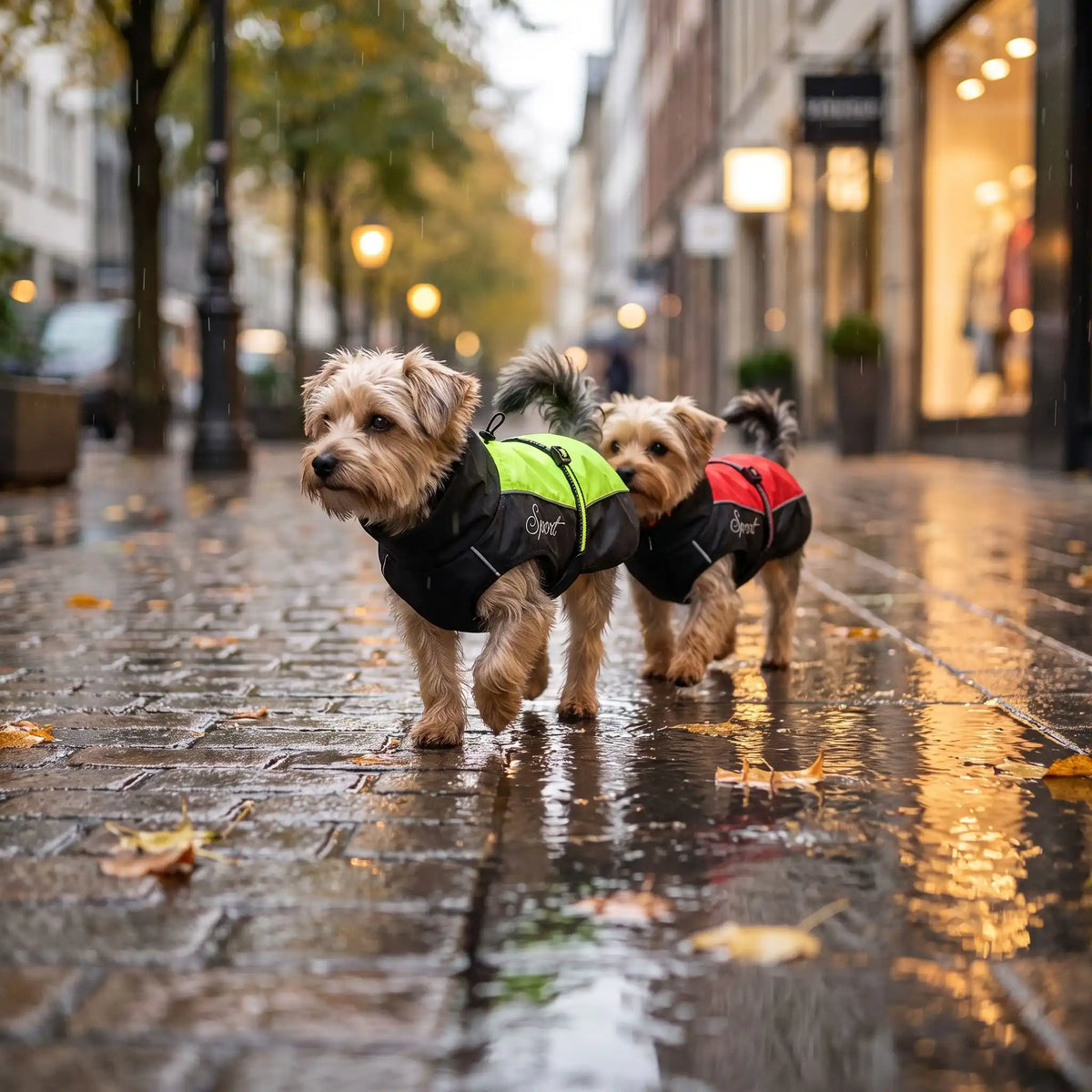 Deux petits chiens sortes imperméable pour chien