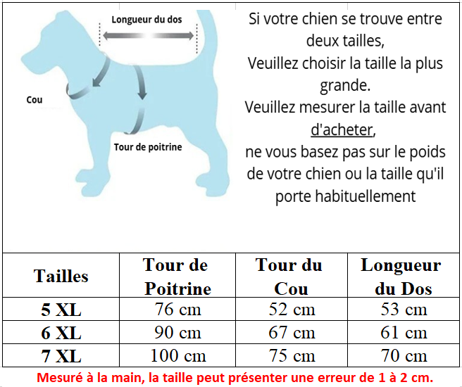 Dimension grande taille manteau chien