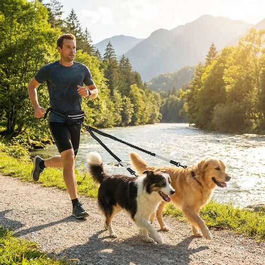 double dog homme faisant jogging deux chien