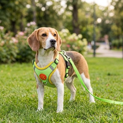 Ergo Nomade chien dans champs avec son Harnais pour Chien vert