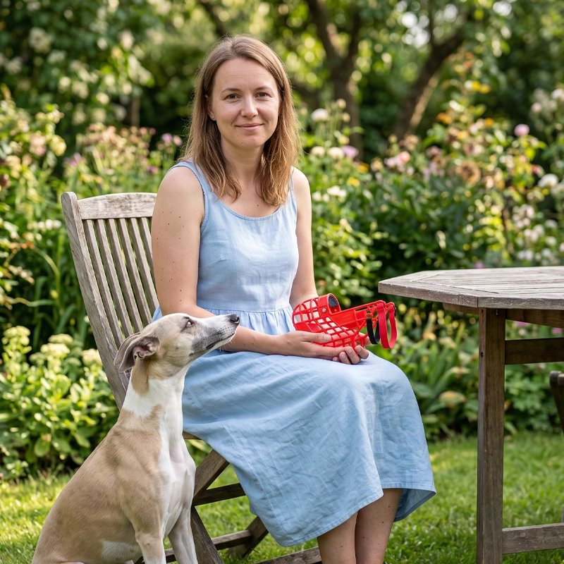 Femme à dans sa main une Muselière chien​