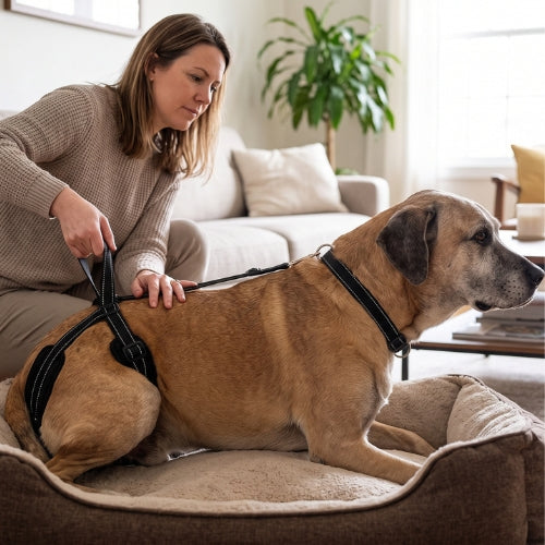 Femme aide chien a ce lever avec harnais levage chien