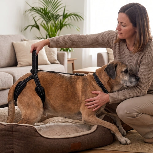Femme aide chien a ce lever panier avec harnais levage chien noir