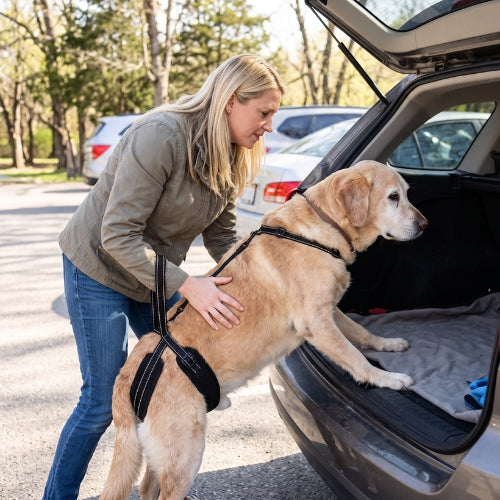 Femme aide chien monté coffre voiture avec harnais levage chien noir