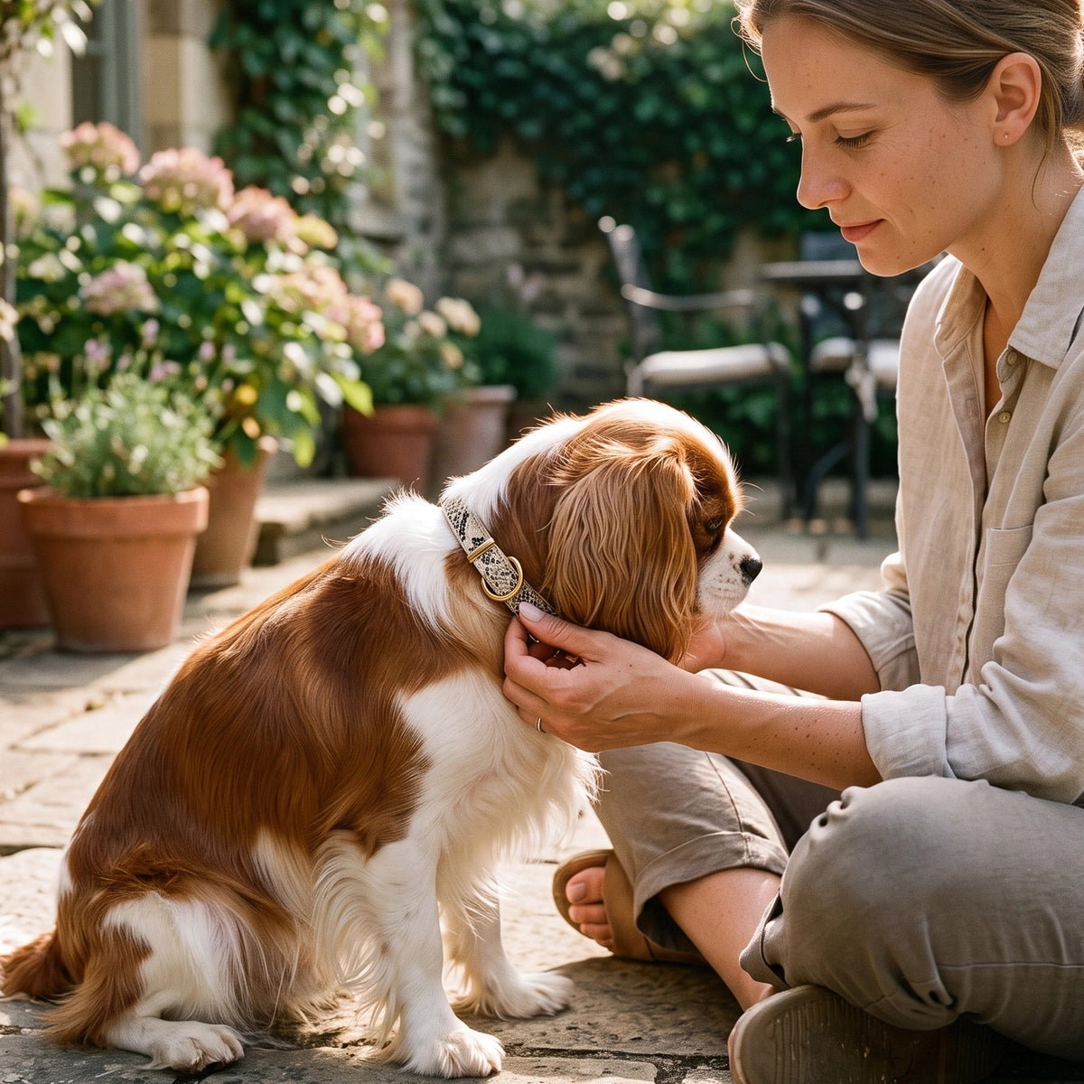 Femme ajuste le Collier Chien