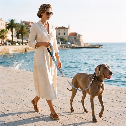 Femme balade chien bord mer laisse pour chien réflèchissante