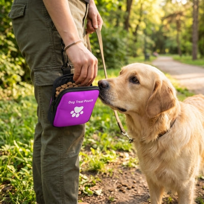 Femme balade sac à friandise pour chien violet