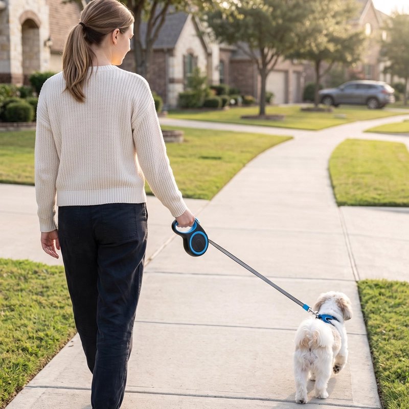 Femme balade son chien avec Laisse enrouleur pour Chien