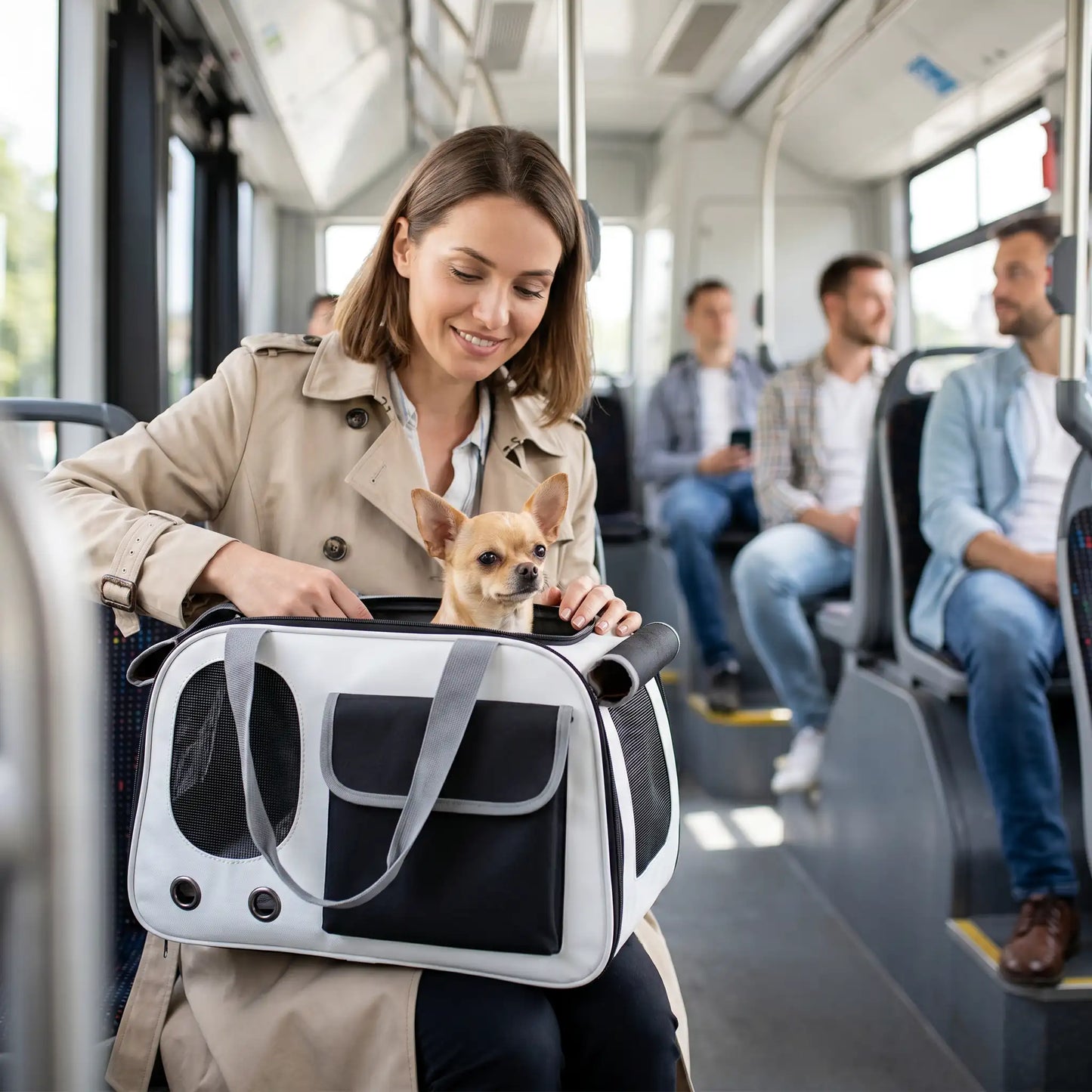 Femme bus avec sac de transport pour chien