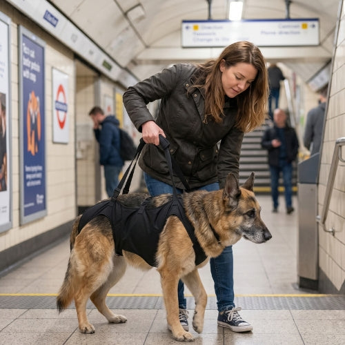 Femme couloir métro vieux berger allemand parc harnais de levage chien