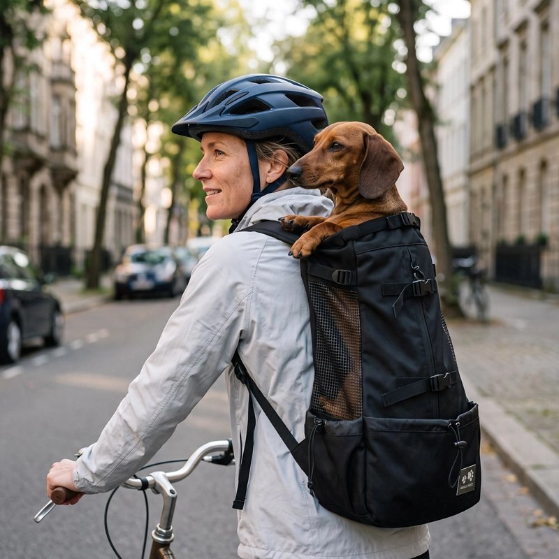 Femme en vélo avec Sac a dos chien noir