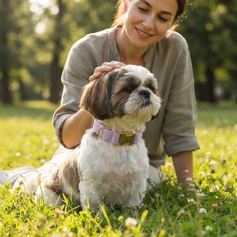 Femme et petit bichon dans un pré le bichon à Collier Chien