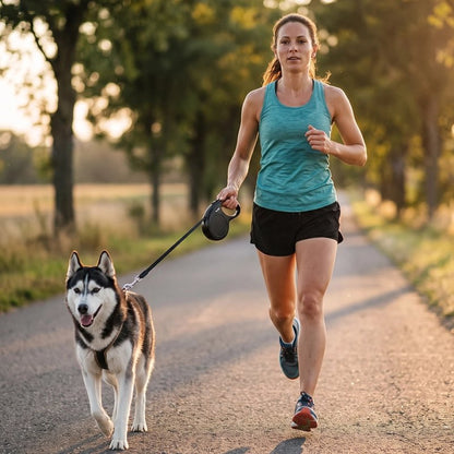 Femme faisans jogging avec Laisse enrouleur pour chien