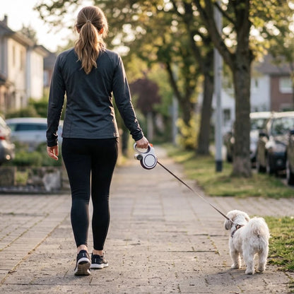 Femme fait promenade chien Laisse enrouleur pour chien