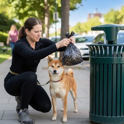 Femme fait un nœud au sac a crotte​