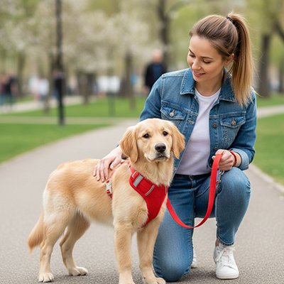 femme félicite son chien avec le Harnais petit chien 