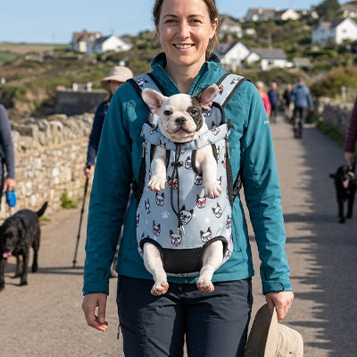 Femme marche sur trottoir sac de transport chien