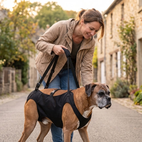 Femme petite rue chien avec harnais de levage chien