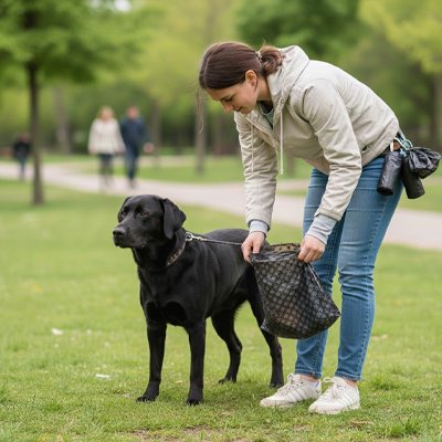 Femme prépare son sac a crotte​ noir