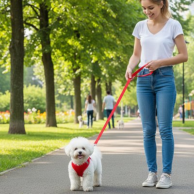 femme promène son chien avec le Harnais petit chien rouge
