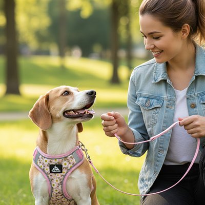 femme récompense son chien dans le Harnais pour petit chien 