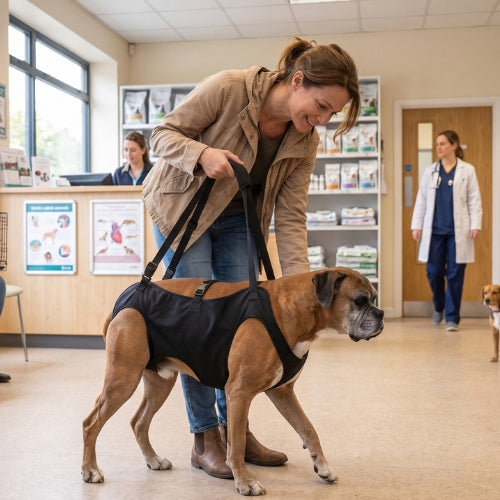 Femme salle attente vétérinaire avec harnais de levage chien