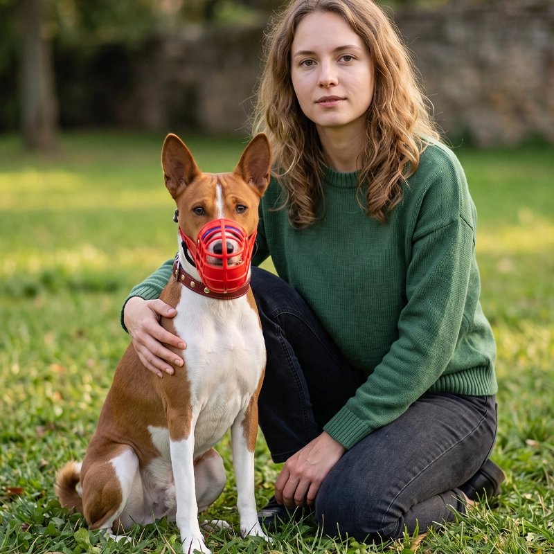 Femme tiens sont chien avec muselière chien​