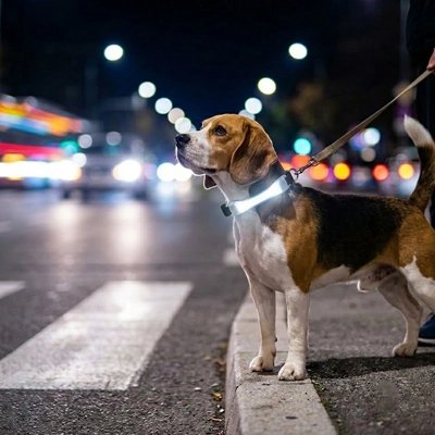 Flux Collier Chien lumineux blanc le chien est sur le passage piéton 