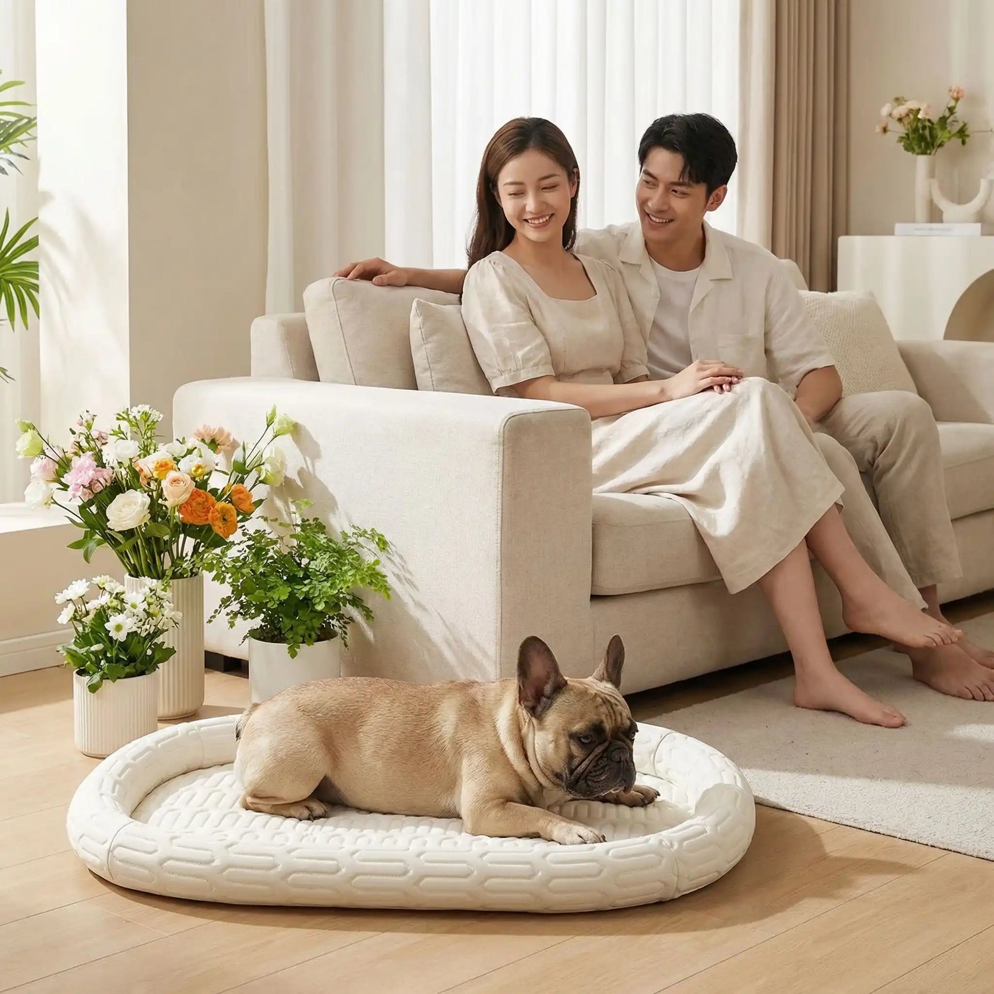 FrostPaw lit rafraichissant pour chien beige dors dans salon