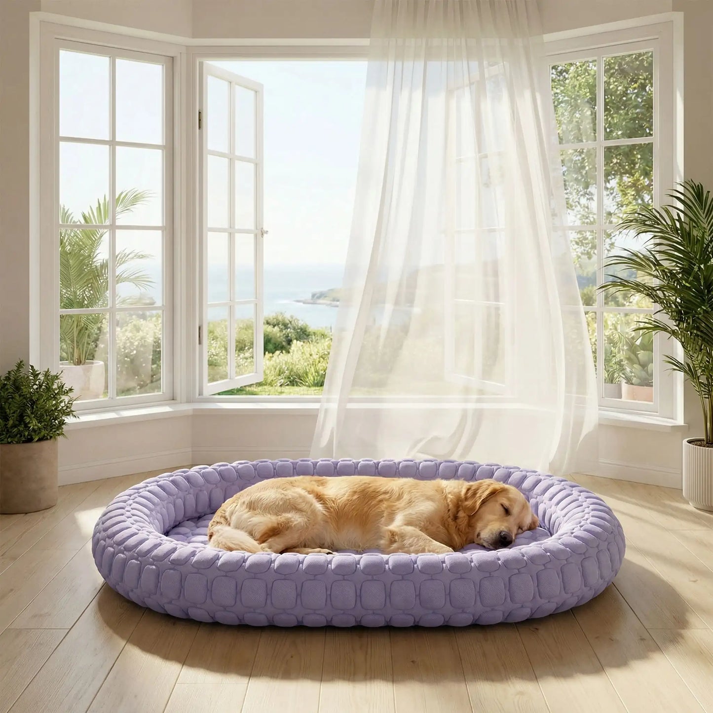 frostPaw lit rafraichissant pour chien violet chien dors devant fenêtre