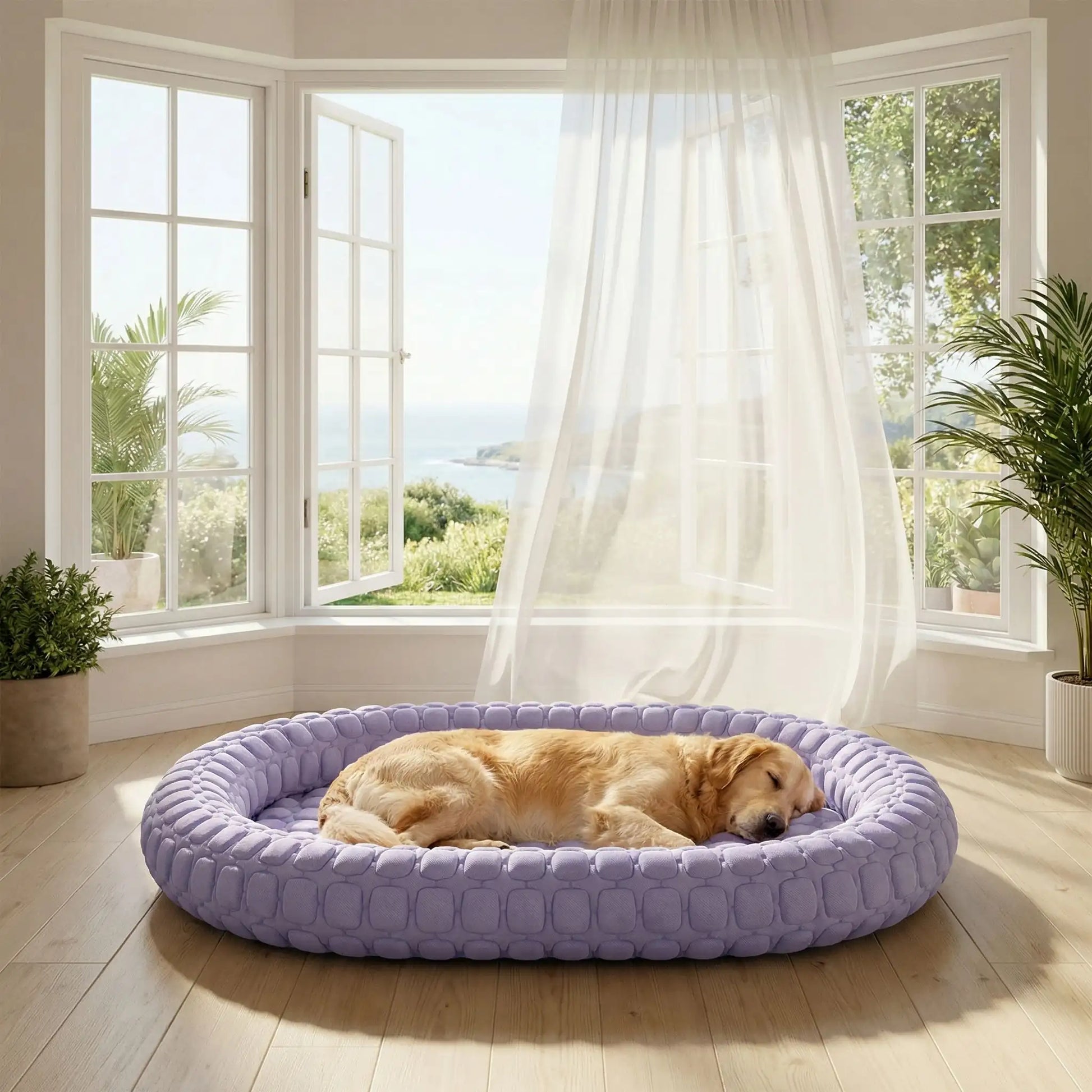 frostPaw lit rafraichissant pour chien violet chien dors devant fenêtre