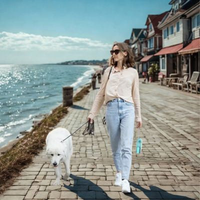 gourde pour petit chien marchant en bordure de mer