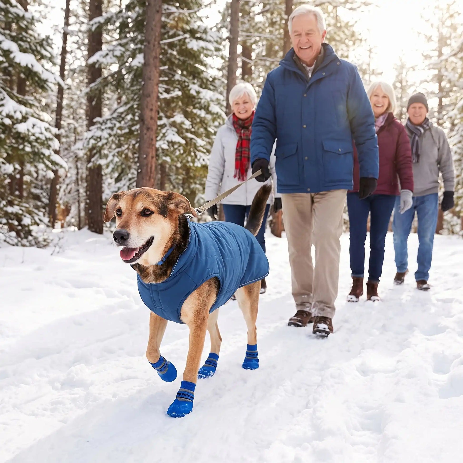Groupe retraites promène leur chien chemin enneiger chaussure pour chien