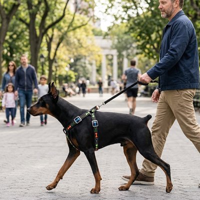 Harnais chien noir le maître et le chien traverse la rue