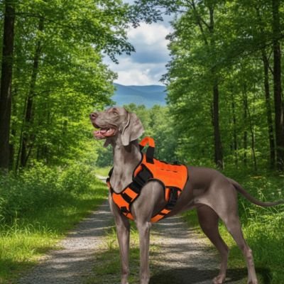Harnais chien orange tactique chemin forêt