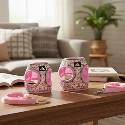 Harnais pour petit chien rose modèle exposer sur une table