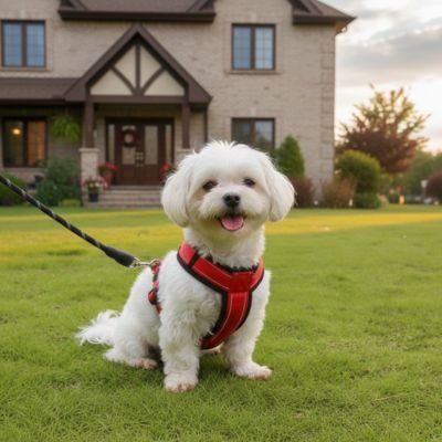 Harnais pour petit Chien rouge devant maison