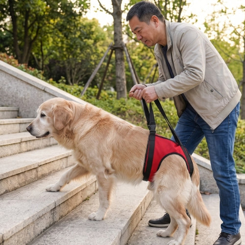 Homme aide son chien monter marche harnais de levage chien