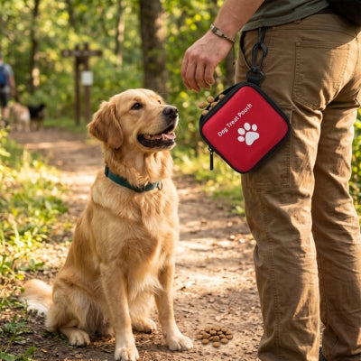 Homme allée bois balade sac à friandise pour chien rouge