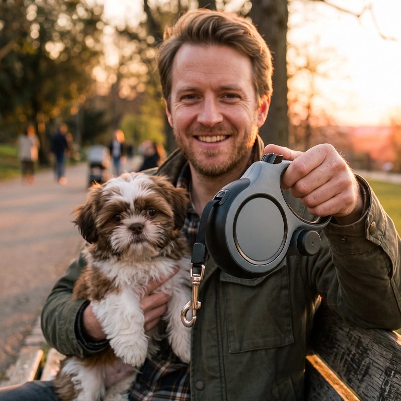 Homme assis banc avec chien Laisse enrouleur pour chien