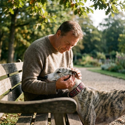 Homme assis sur un banc avec son chien Collier pour Chien