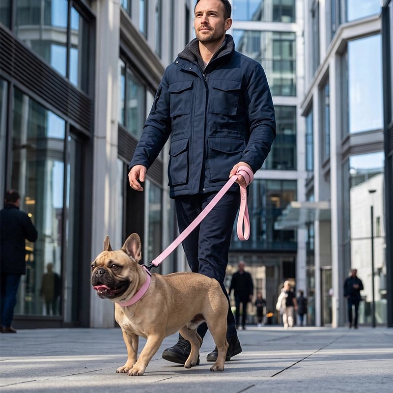 Homme balade bouledogue avec Laisse pour Chien rose