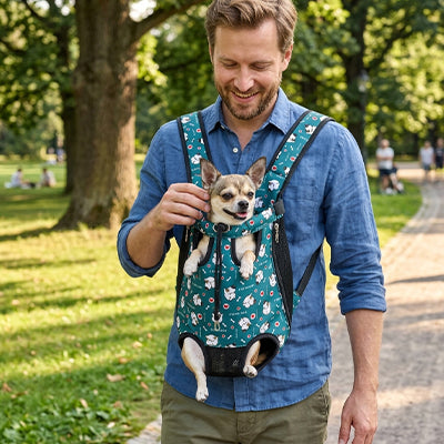 Homme balade chien sac de transport chien