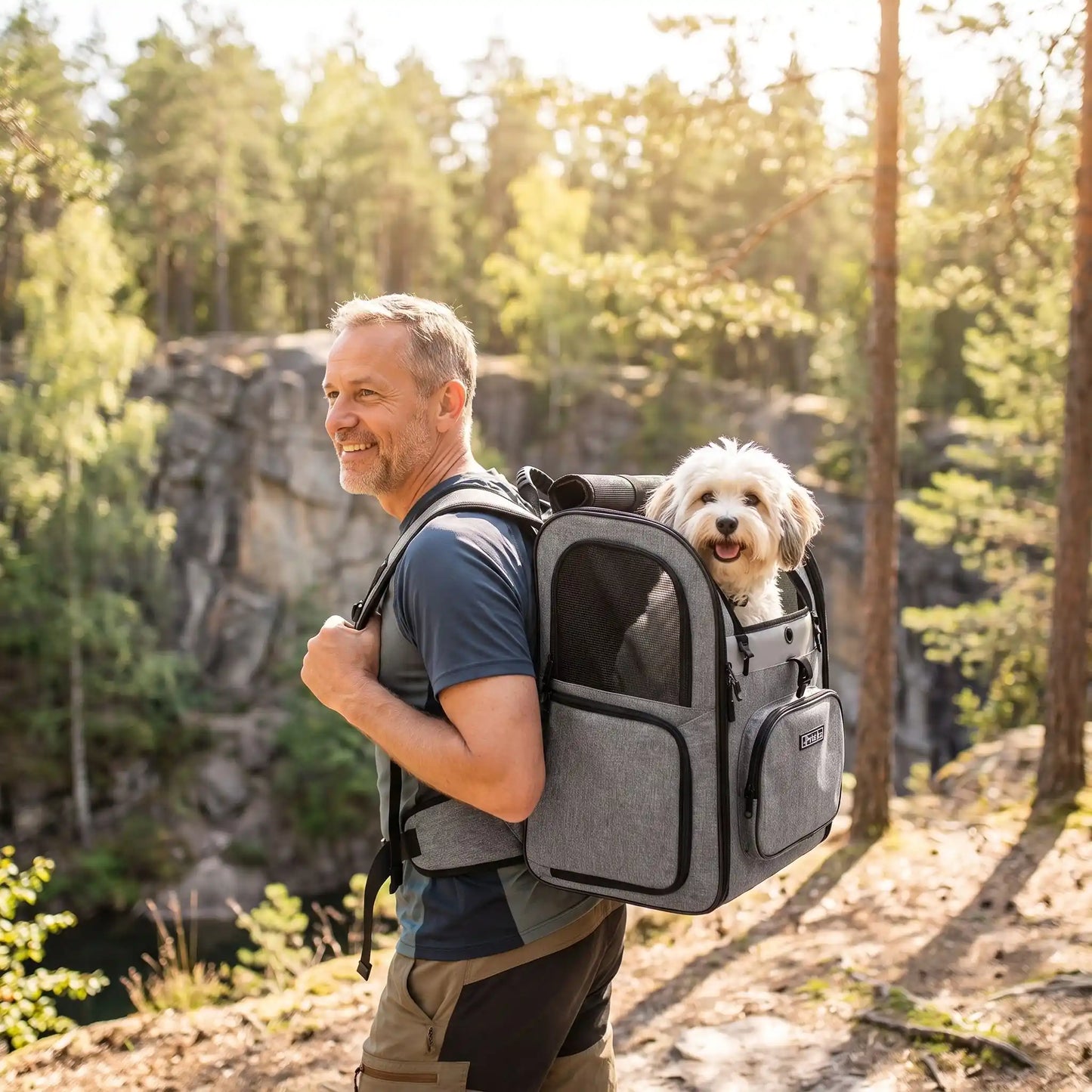 Homme carrière bois sac de transport pour chien gris