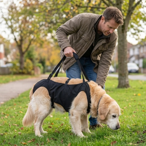Homme emènne chien besoin naturel avec harnais de levage chien