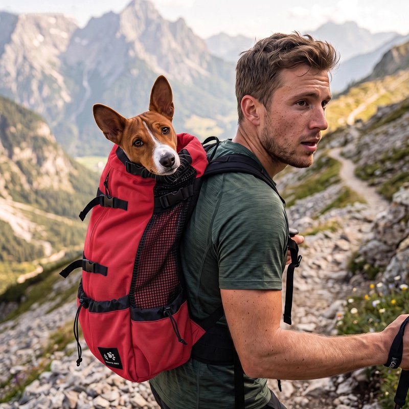 Homme en randonnée avec Sac a dos chien rouge